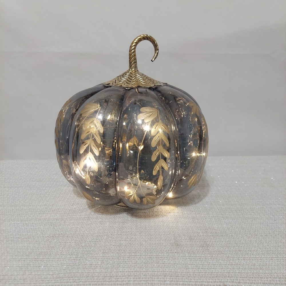 Iridescent Art Glass Leaf Textured LED Lighted Pumpkin 7.5" W X 9.5"H